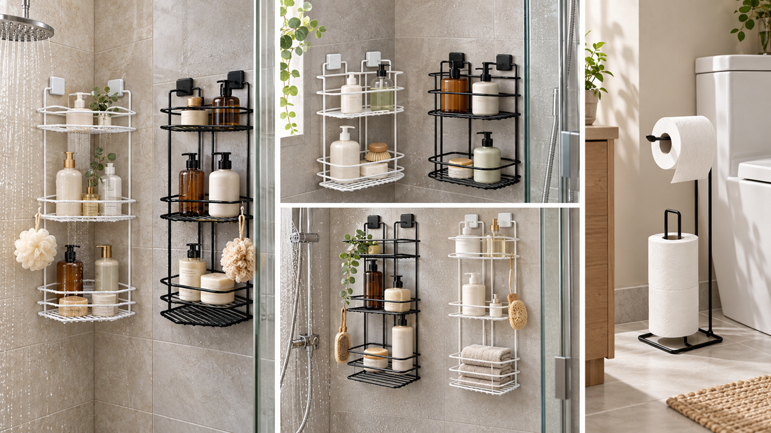 Black and white TheOwnas shower caddies in two-tier and three-tier designs, shown with bathroom toiletries.
