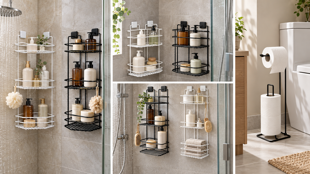 Black and white TheOwnas shower caddies in two-tier and three-tier designs, shown with bathroom toiletries.
