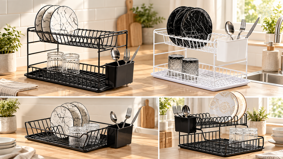 TheOwnas kitchen dish drainers in three designs: a black or white two-tier rack, a removable-top two-tier rack and a single-tier black rack.