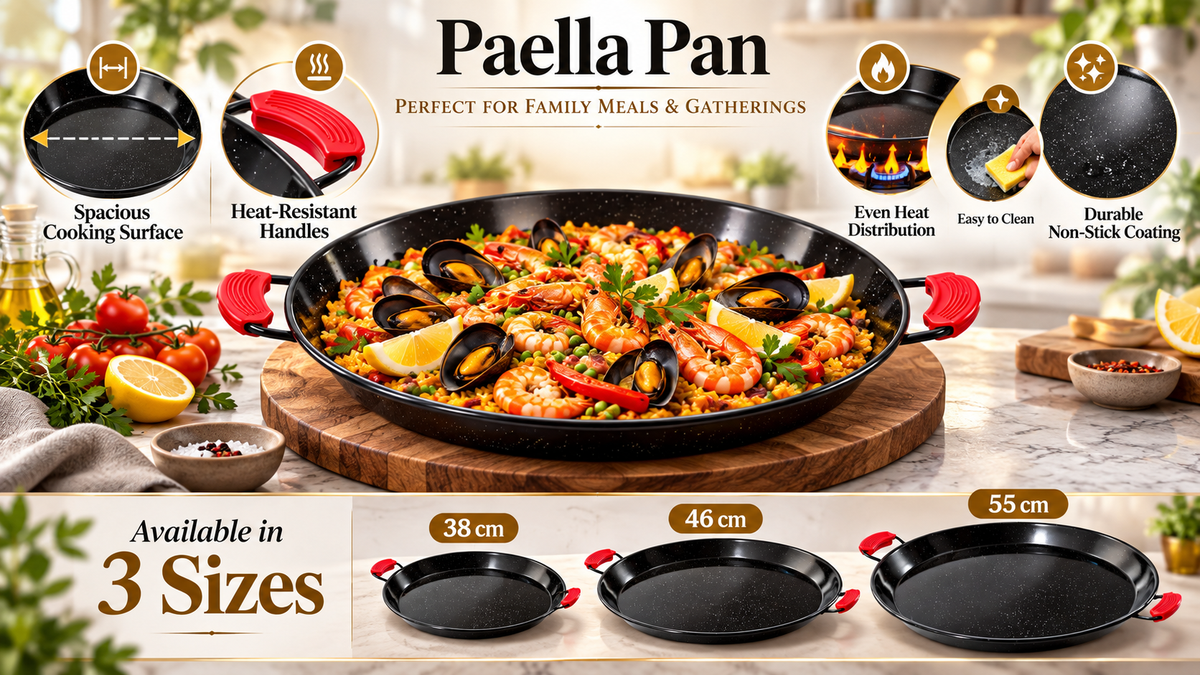 Camp&Fire enamelled paella pans in 38 cm, 46 cm and 55 cm sizes, with silicone handles.