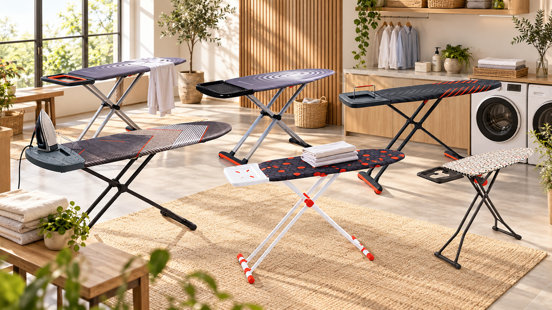 TheOwnas ironing boards in 127 × 46 cm, 140 × 40 cm and 125 × 45 cm sizes, displayed in a home interior with patterned covers and steam unit holders.