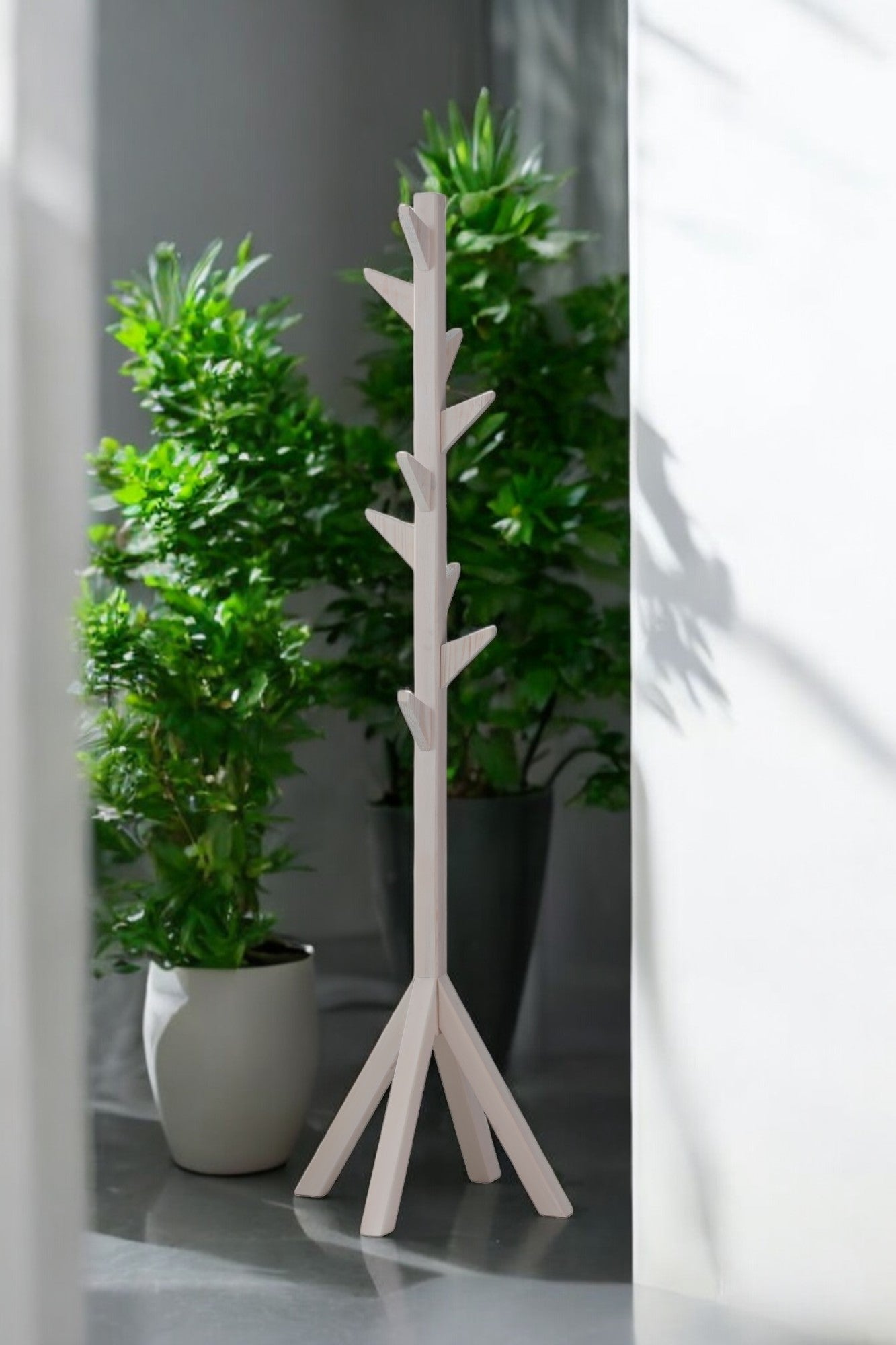 Coat Rack Stand - White. Freestanding Wooden Coat Hanger with 9 Hooks. Sturdy Coat Tree.