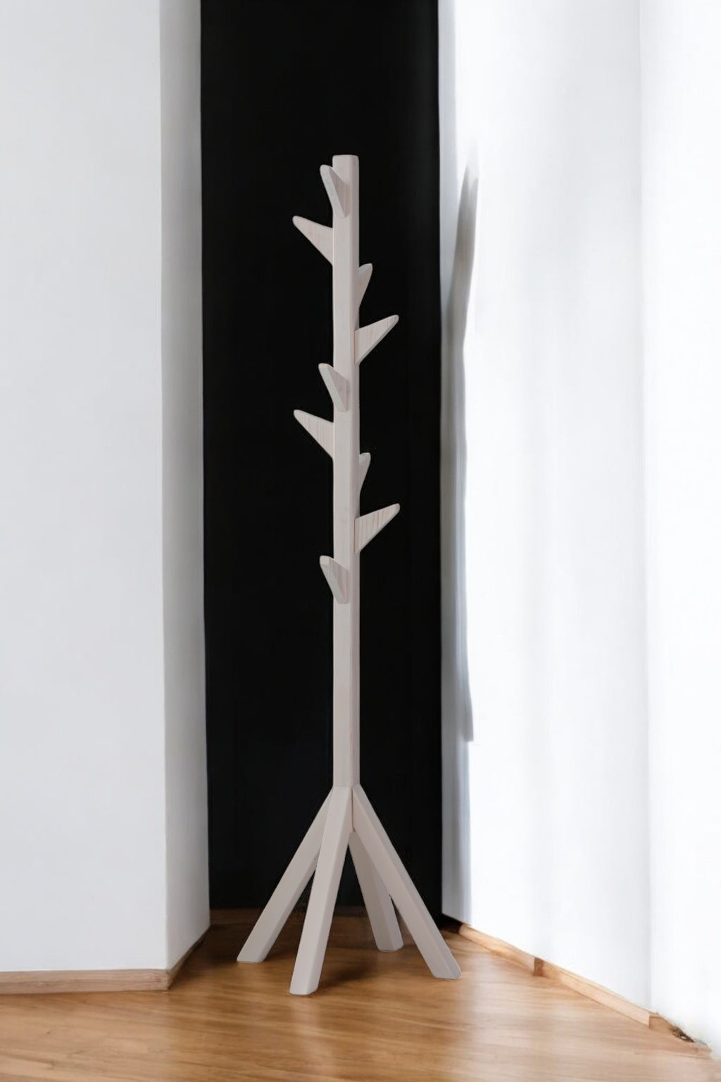 Coat Rack Stand - White. Freestanding Wooden Coat Hanger with 9 Hooks. Sturdy Coat Tree.