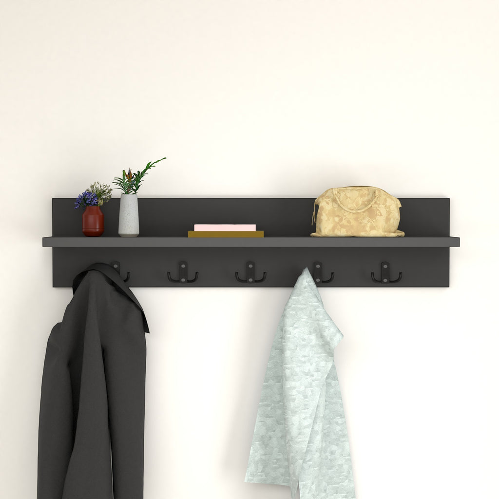 Wall Mounted Coat Rack with Shelf - Anthracite. 80cm Wooden Hanger. 5 Double Hooks.
