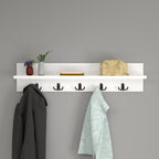 Wall Mounted Coat Rack with Shelf- White. 80cm Wooden Hanger. 5 Double Hooks.