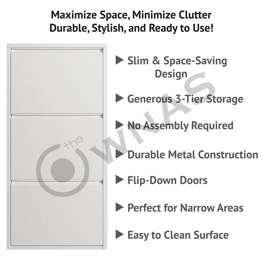 Slim Metal Shoe Cabinet White – Compact 3-Tier Shoe Rack for Space-Saving Storage