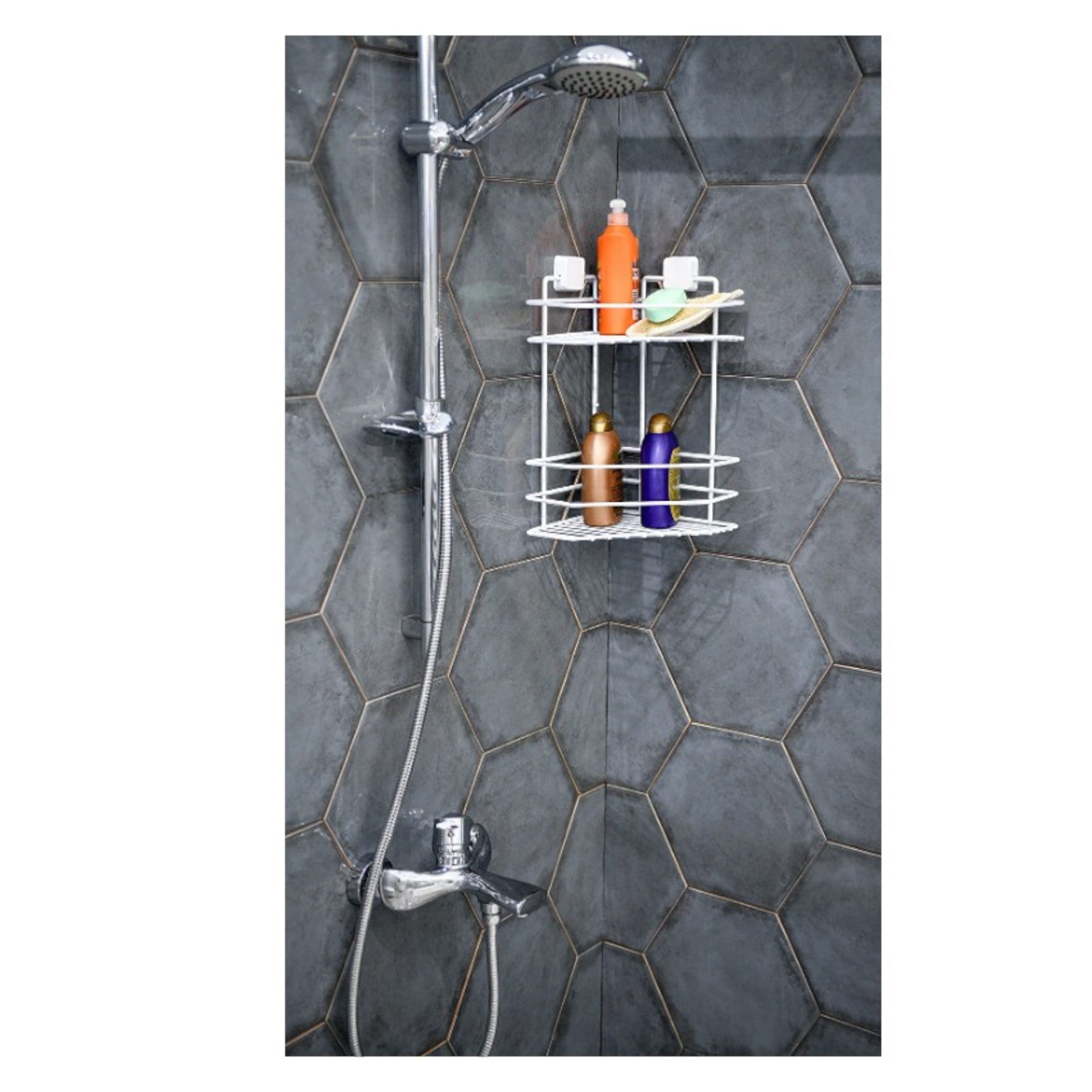 2-Tier Corner Shower Shelf – Metal No-Drill Adhesive Bathroom Caddy