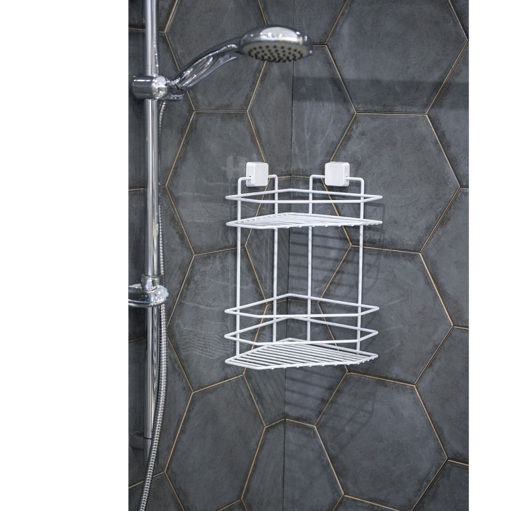 2-Tier Corner Shower Shelf – Metal No-Drill Adhesive Bathroom Caddy