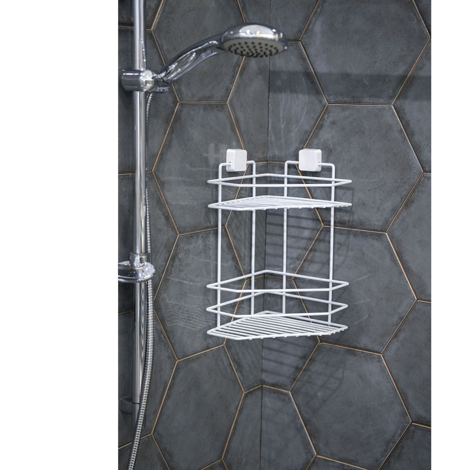 2-Tier Corner Shower Shelf – Metal No-Drill Adhesive Bathroom Caddy