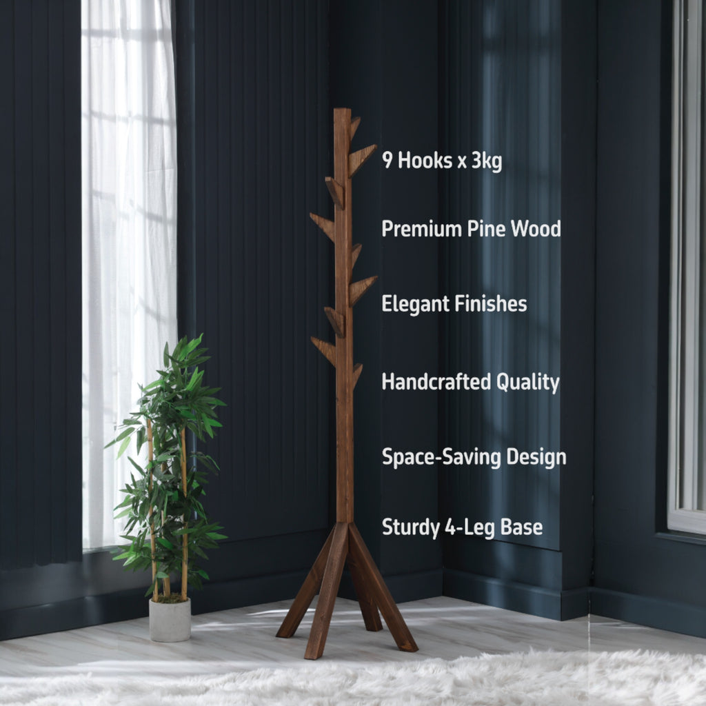 Coat Rack Stand - Walnut. Freestanding Wooden Coat Hanger with 9 Hooks. Sturdy Coat Tree.