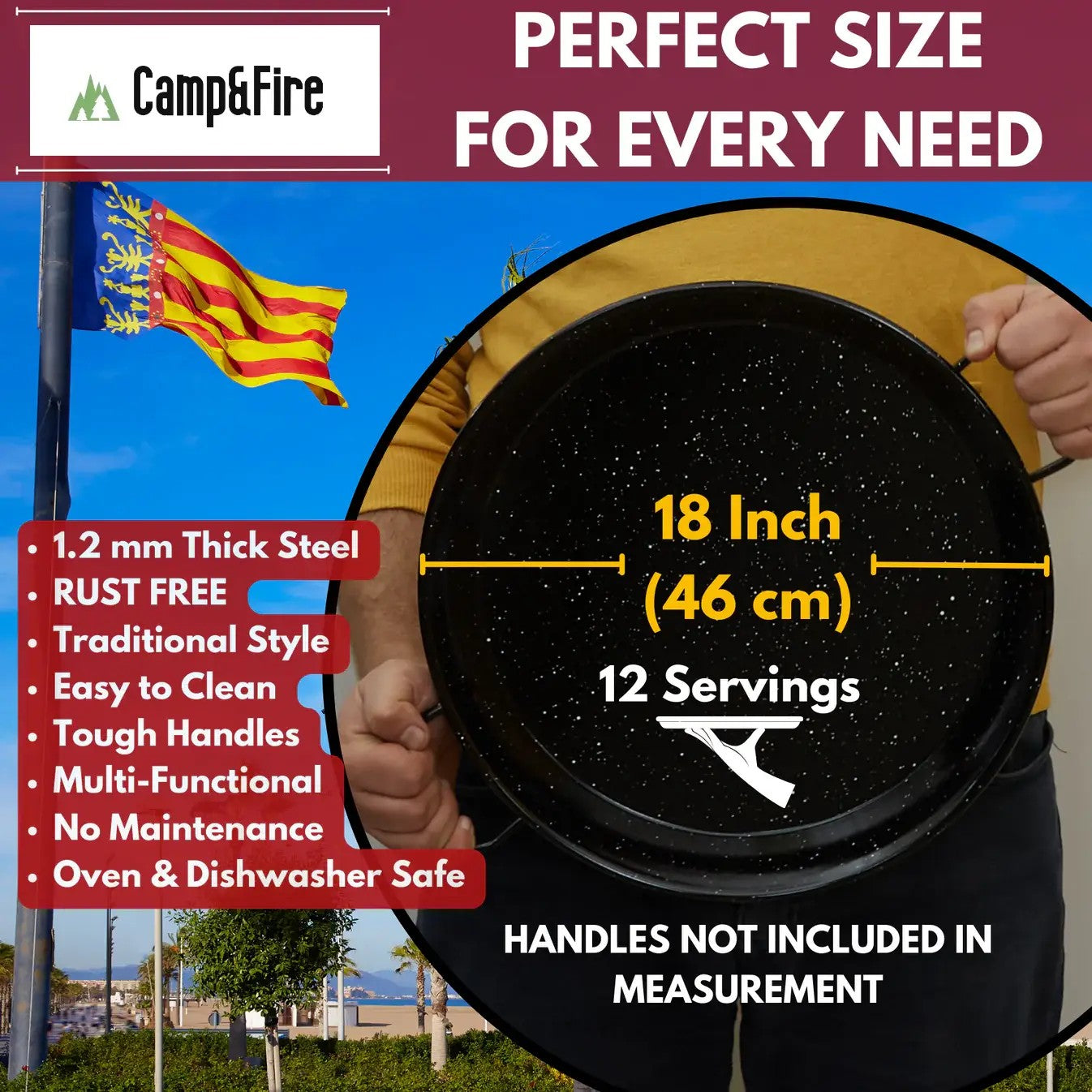 Enamelled Paella Pan. Non-Stick Carbon Steel with Silicone Handles.