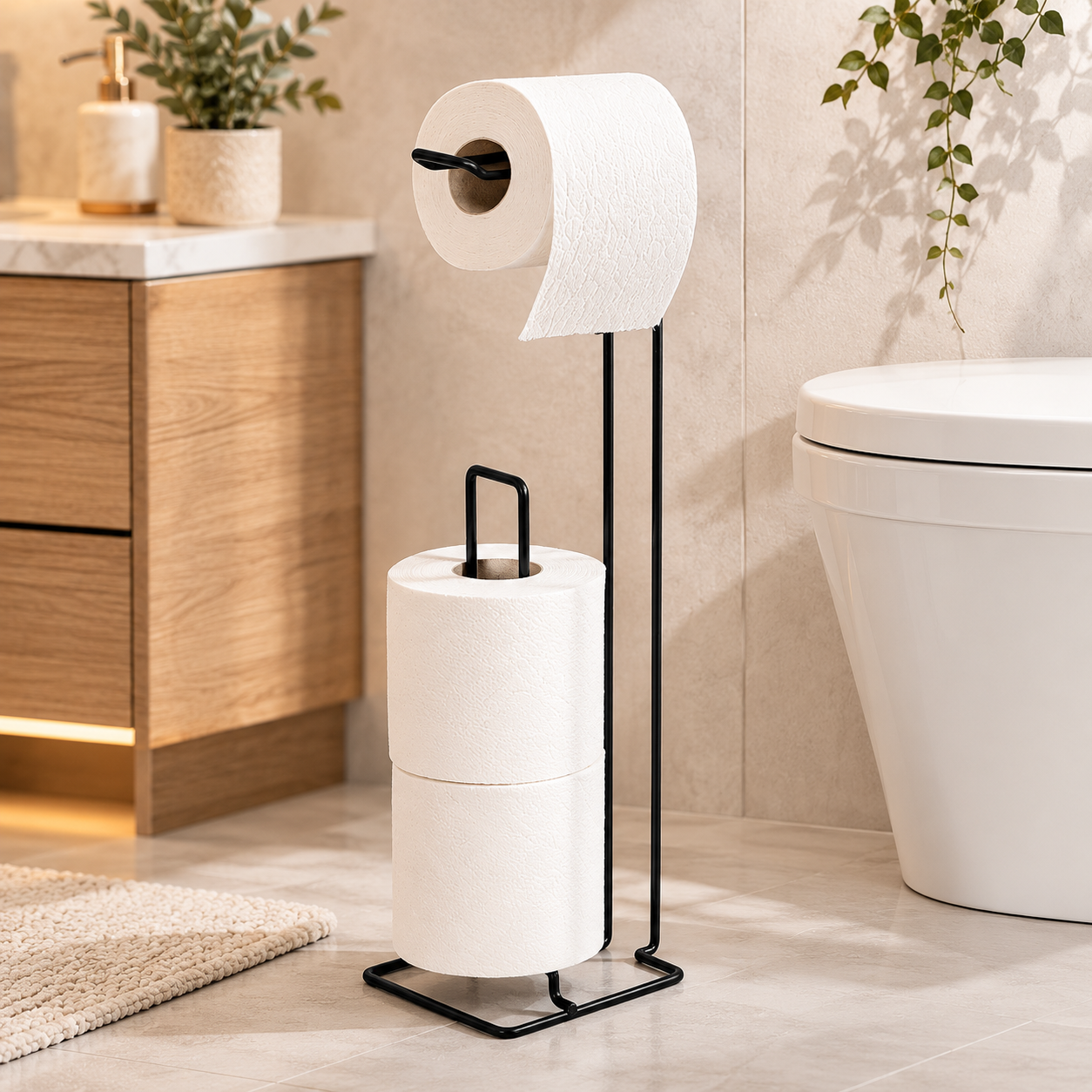 Freestanding Black Toilet Paper Holder with Storage – Metal Bathroom Stand