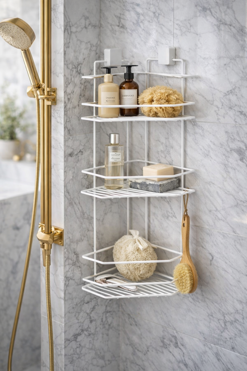 3-Tier Bathroom Corner Caddy – Metal Adhesive Shower Shelf, No Drilling Required
