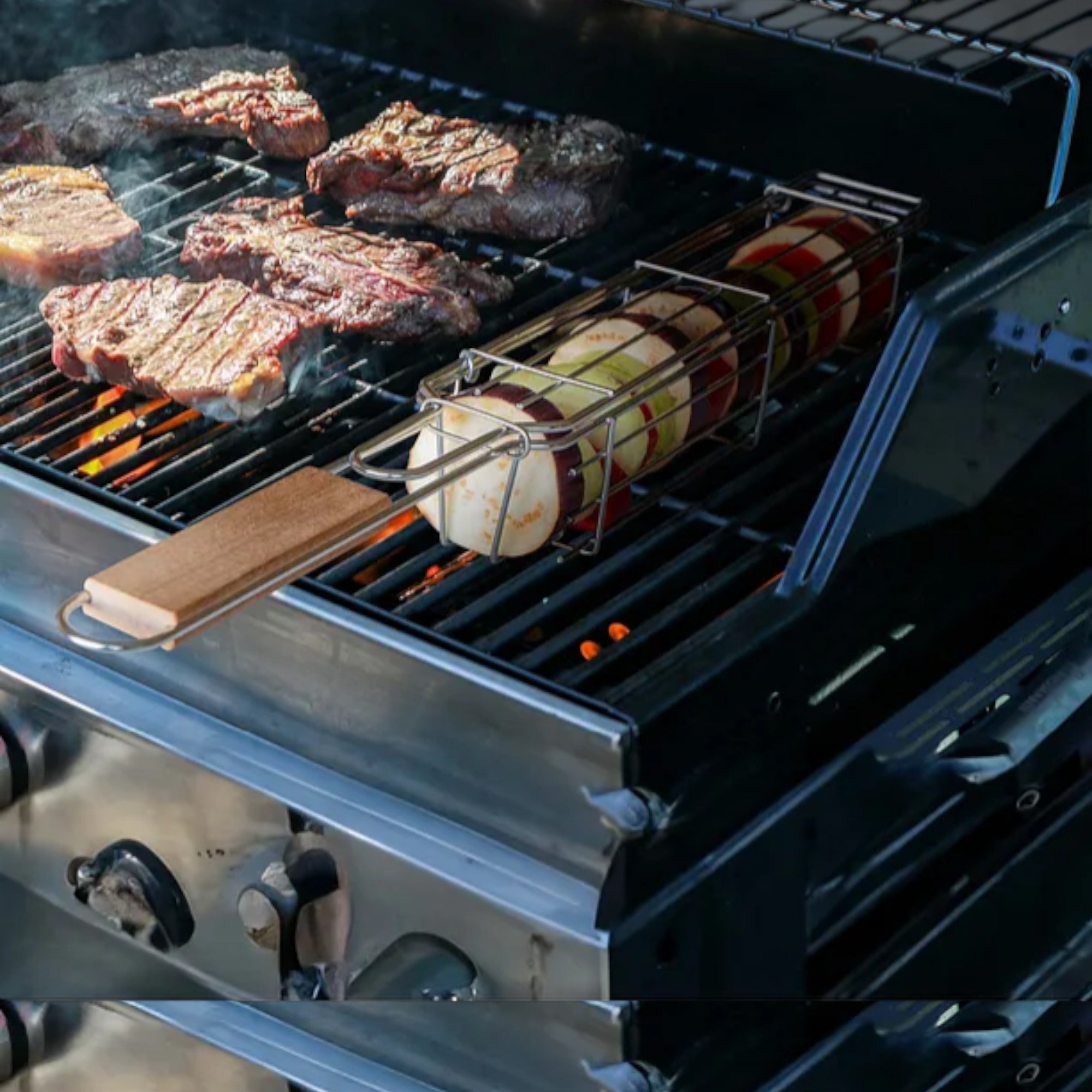 Set of 2 BBQ Vegetable Grill Baskets – Long Stainless Steel Side-Opening Design