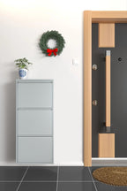 Slim Metal Shoe Cabinet Grey – Compact 3-Tier Shoe Rack for Space-Saving Storage