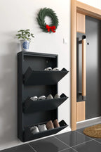 Slim Metal Shoe Cabinet Anthracite – Compact 3-Tier Shoe Rack for Space-Saving Storage