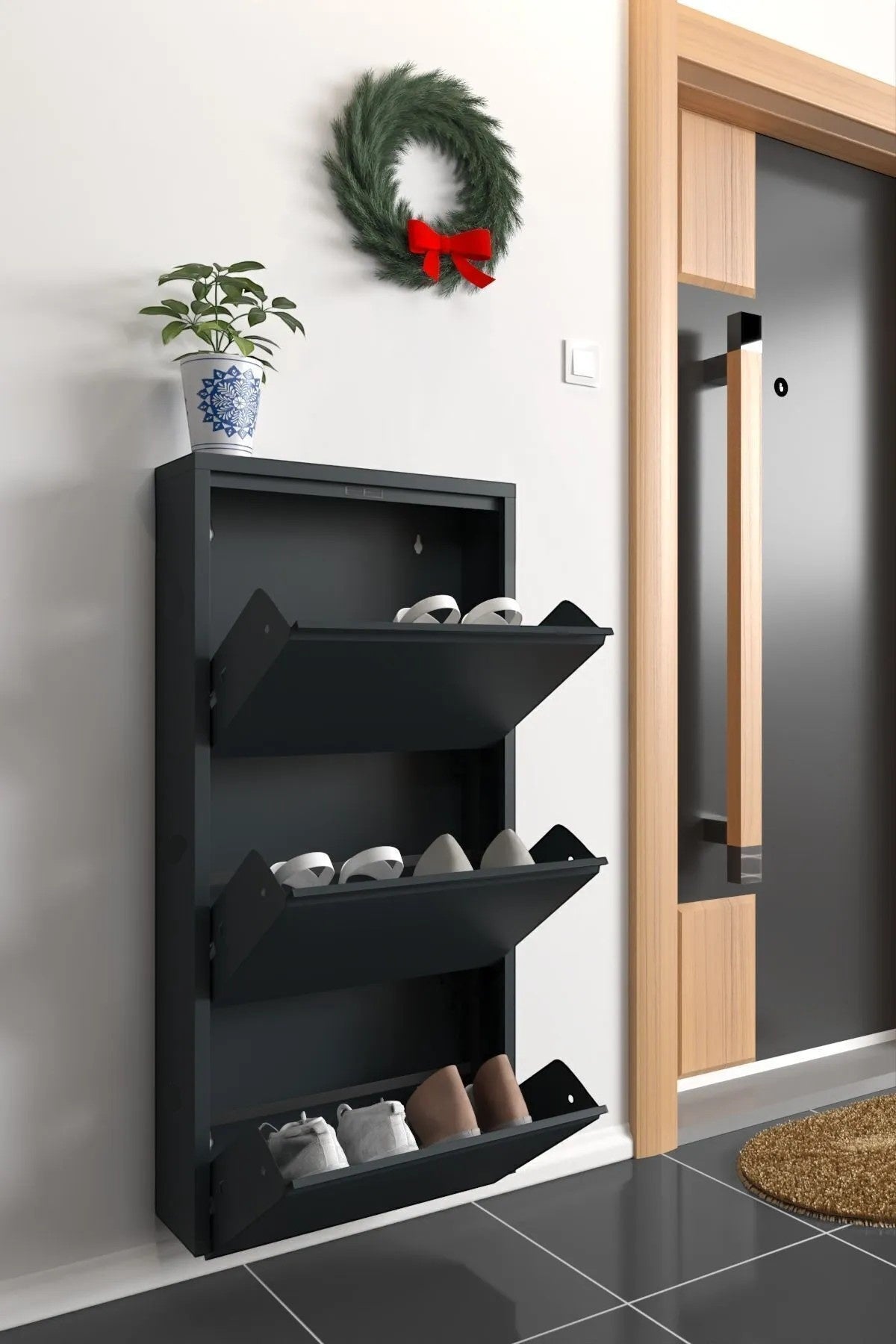 Slim Metal Shoe Cabinet Anthracite – Compact 3-Tier Shoe Rack for Space-Saving Storage
