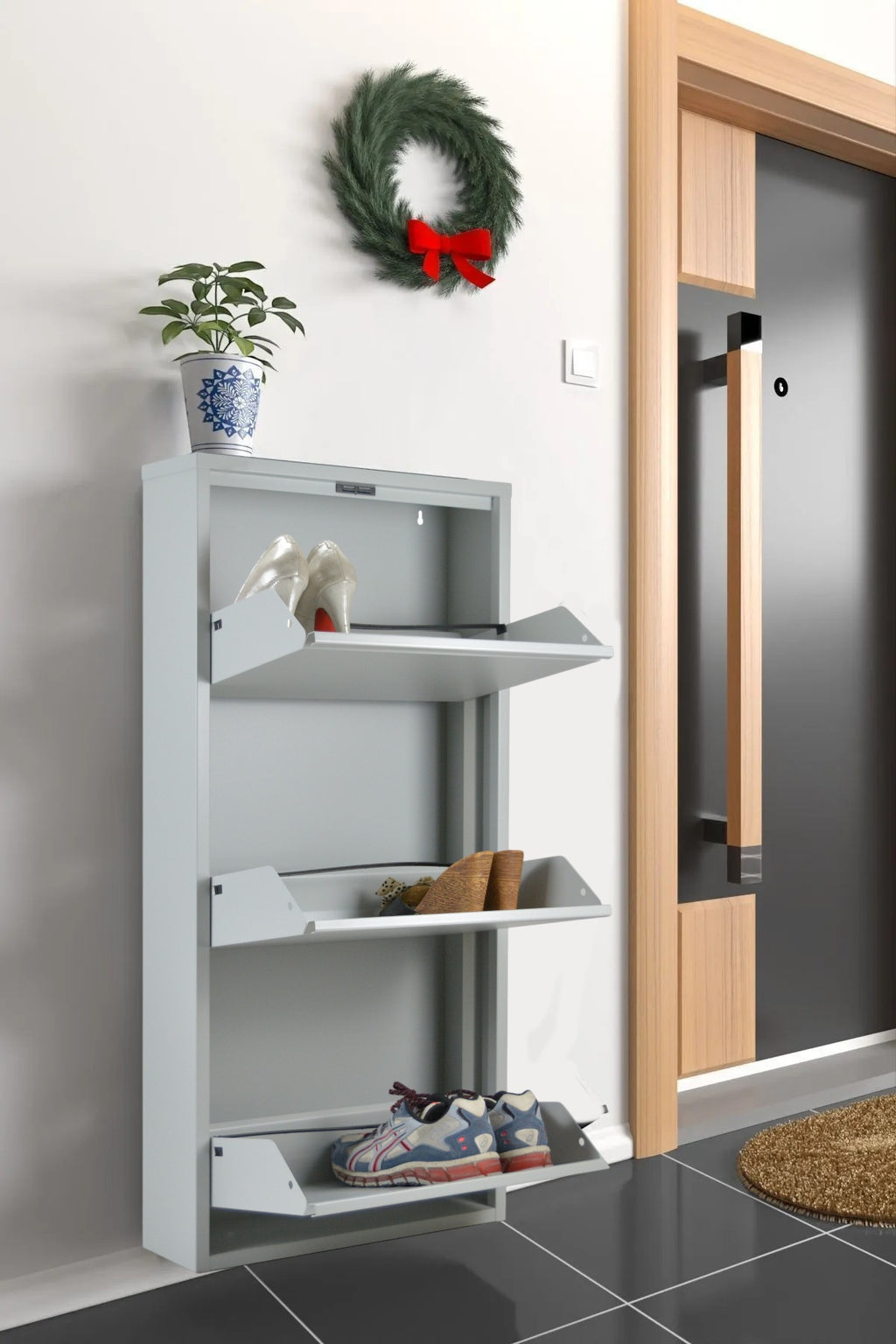Slim Metal Shoe Cabinet Grey – Compact 3-Tier Shoe Rack for Space-Saving Storage