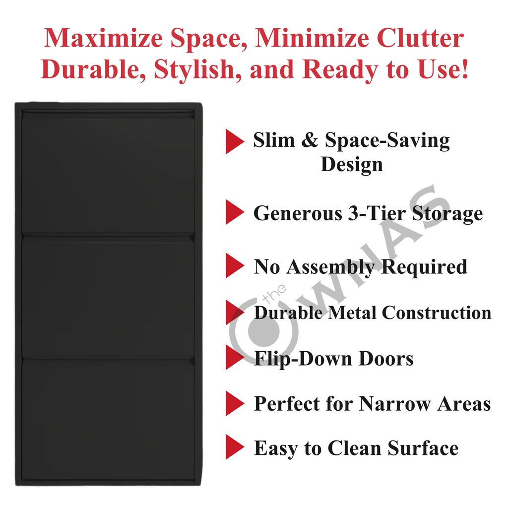 Slim Metal Shoe Cabinet Black – Compact 3-Tier Shoe Rack for Space-Saving Storage