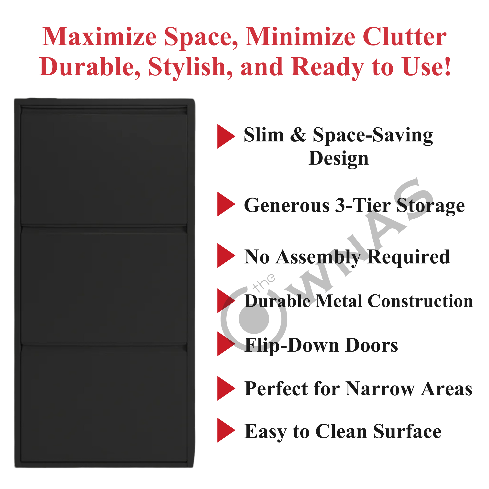 Slim Metal Shoe Cabinet Black – Compact 3-Tier Shoe Rack for Space-Saving Storage