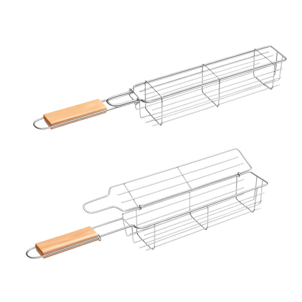 Set of 2 BBQ Vegetable Grill Baskets – Long Stainless Steel Side-Opening Design