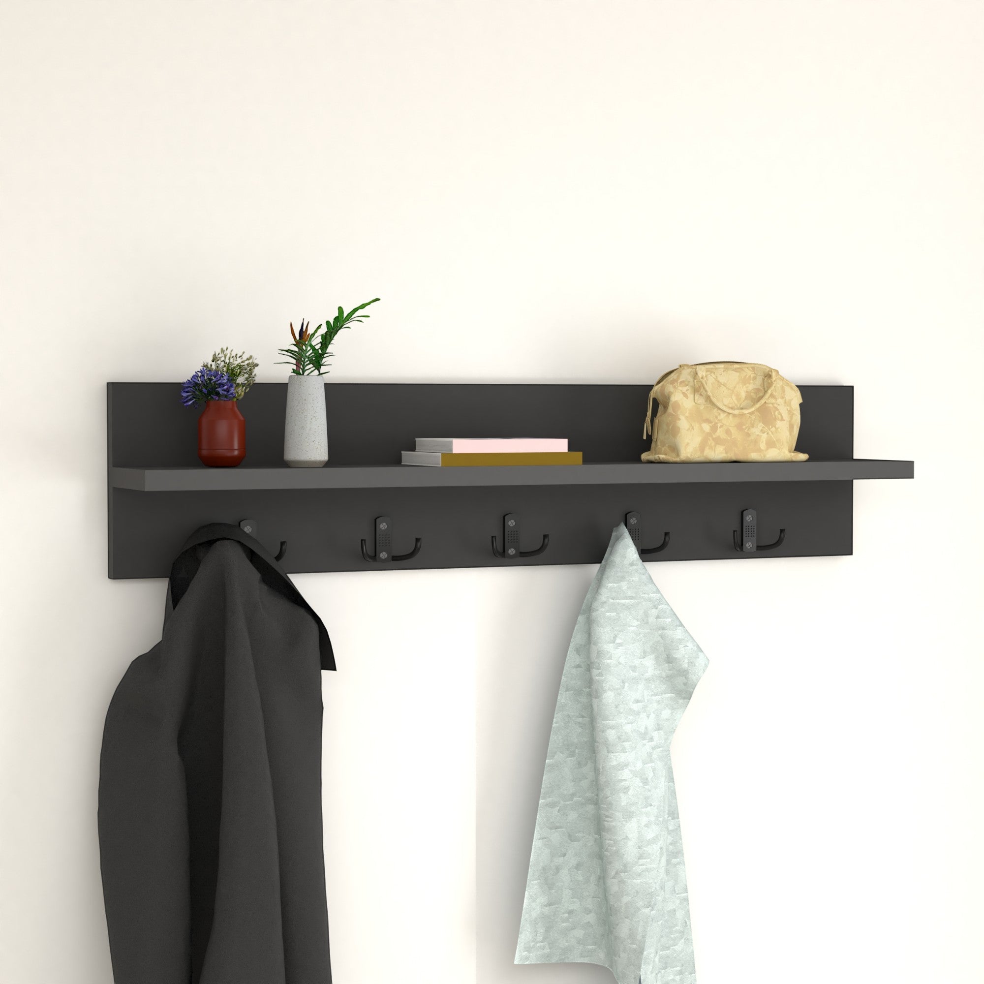 Wall Mounted Coat Rack with Shelf - Anthracite. 80cm Wooden Hanger. 5 Double Hooks.
