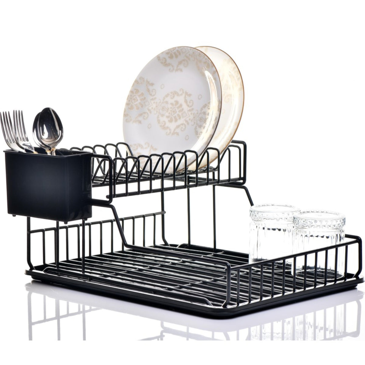 Black two-tier dish rack with plates above, glasses below and a side cutlery holder