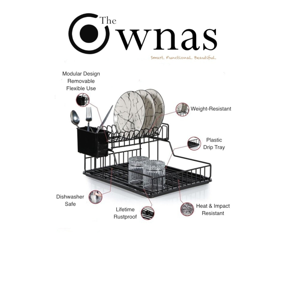 TheOwnas two-tier dish rack infographic with a removable top rack and feature callouts