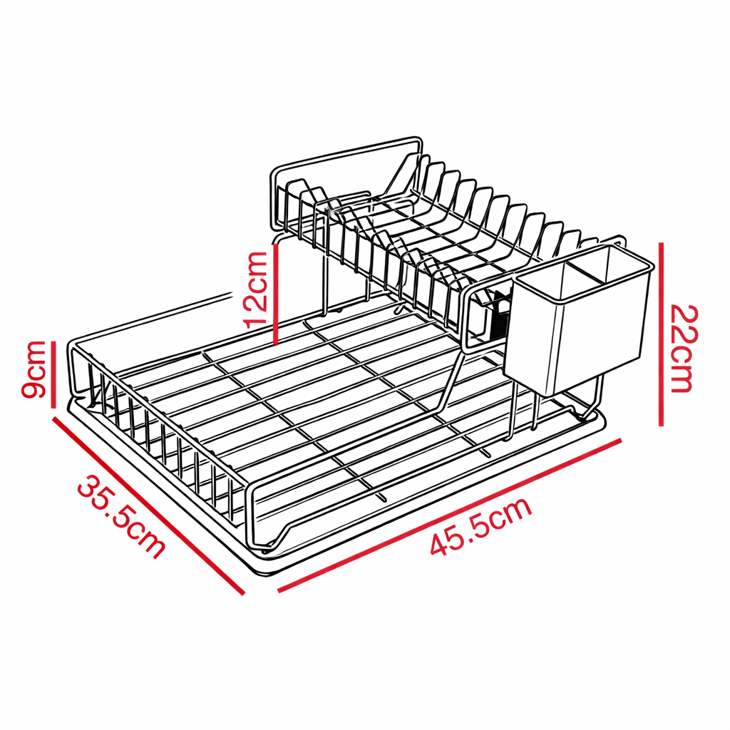 Dimension diagram of the black dish drainer with removable top rack and cutlery holder