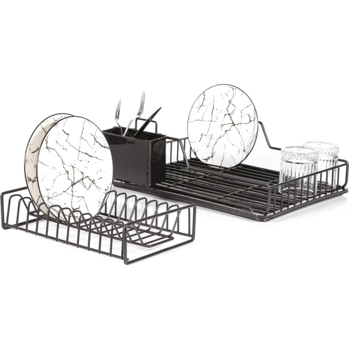 Black dish rack with its removable plate rack shown separately