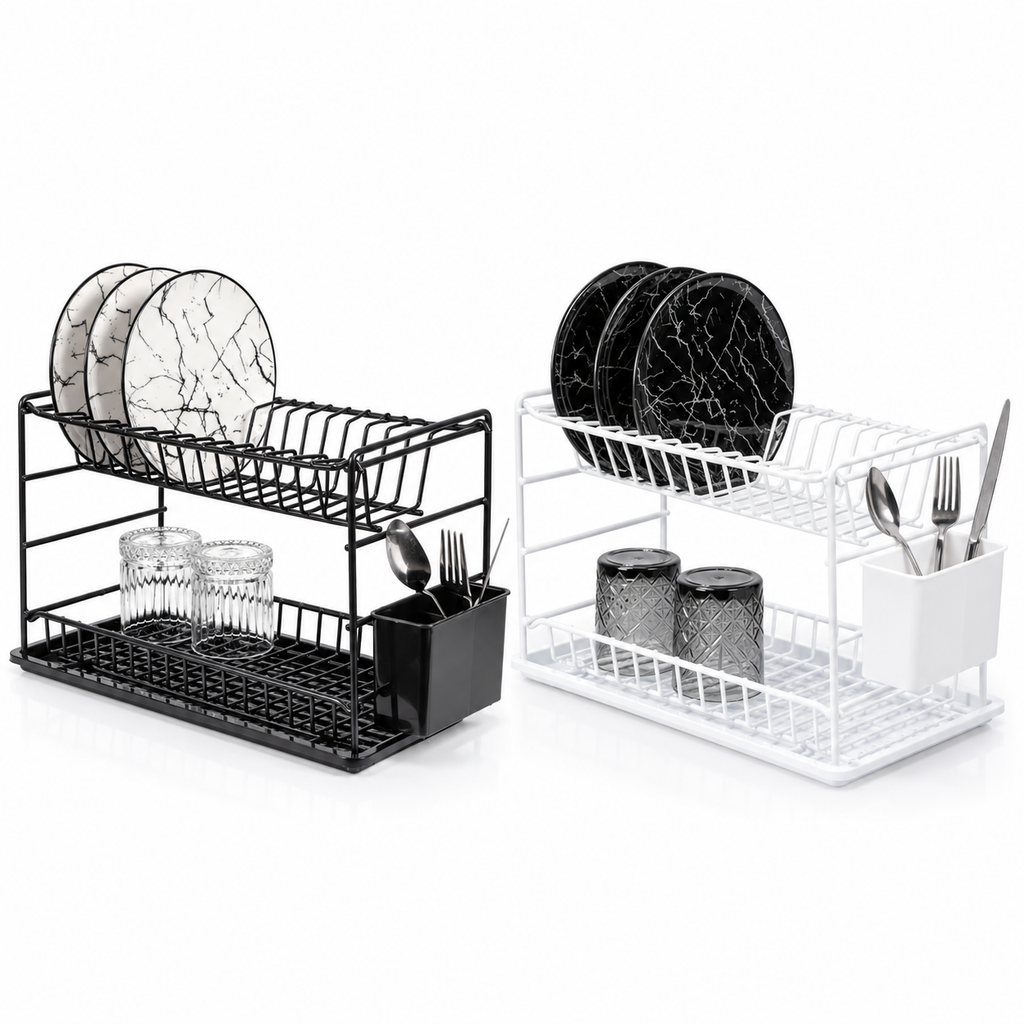 Black and white two-tier dish drainer racks holding plates, glasses and cutlery