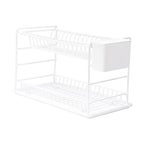 Empty white two-tier dish drainer with a drip tray and side cutlery holder