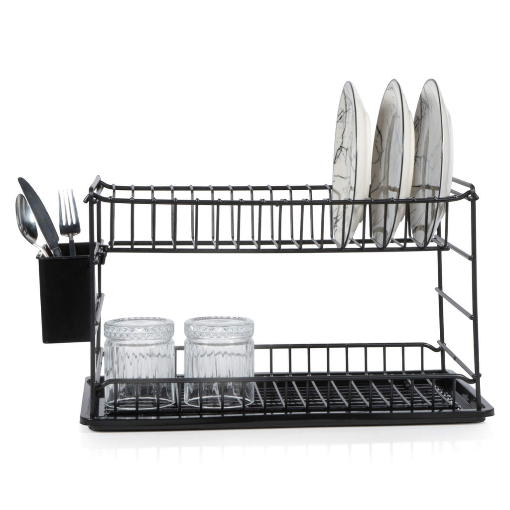 Front view of a black two-tier dish rack with plates, glasses and cutlery