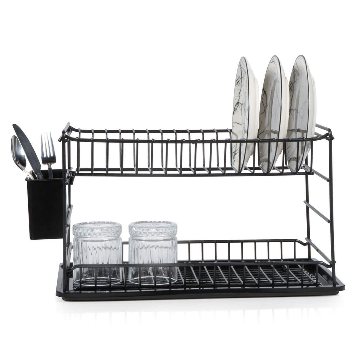 Front view of a black two-tier dish rack with plates, glasses and cutlery