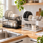 Black and white two-tier dish racks on a kitchen worktop beside a sink