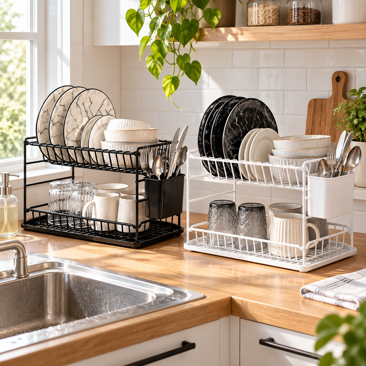 Black and white two-tier dish racks on a kitchen worktop beside a sink
