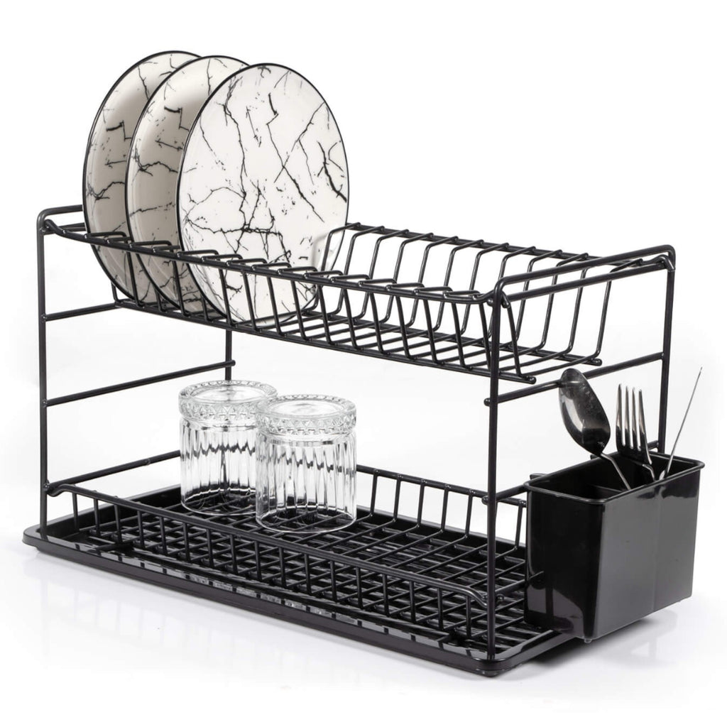 Black two-tier dish rack with plates above and glasses below, plus a side cutlery holder