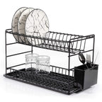 Black two-tier dish rack with plates above and glasses below, plus a side cutlery holder