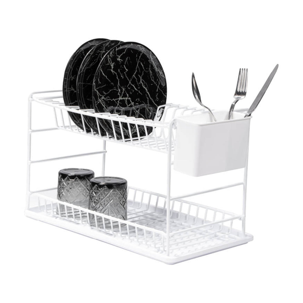 White two-tier dish rack holding black plates, glasses and cutlery