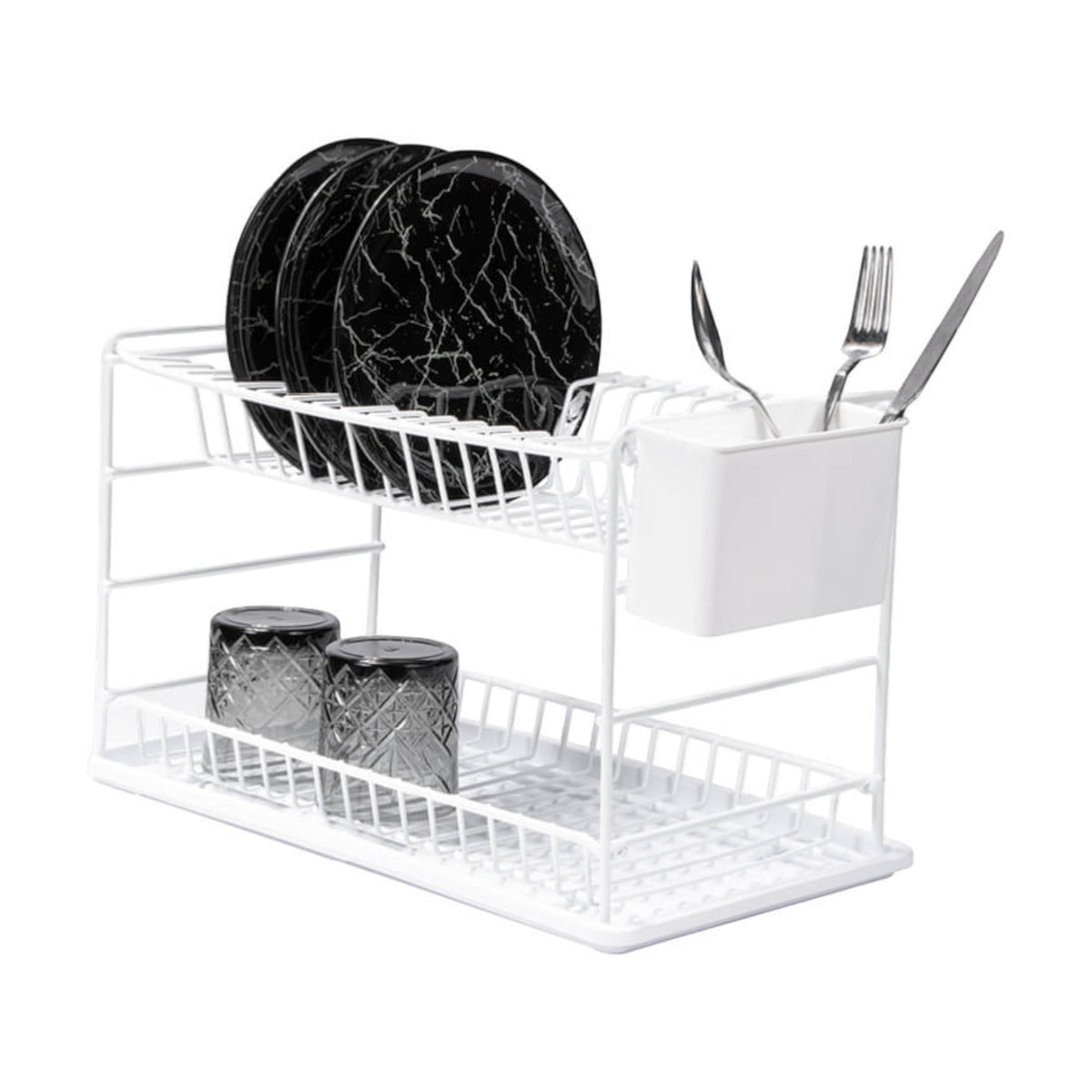 White two-tier dish rack holding black plates, glasses and cutlery