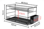 Dimension diagram of the black two-tier dish rack and side cutlery holder