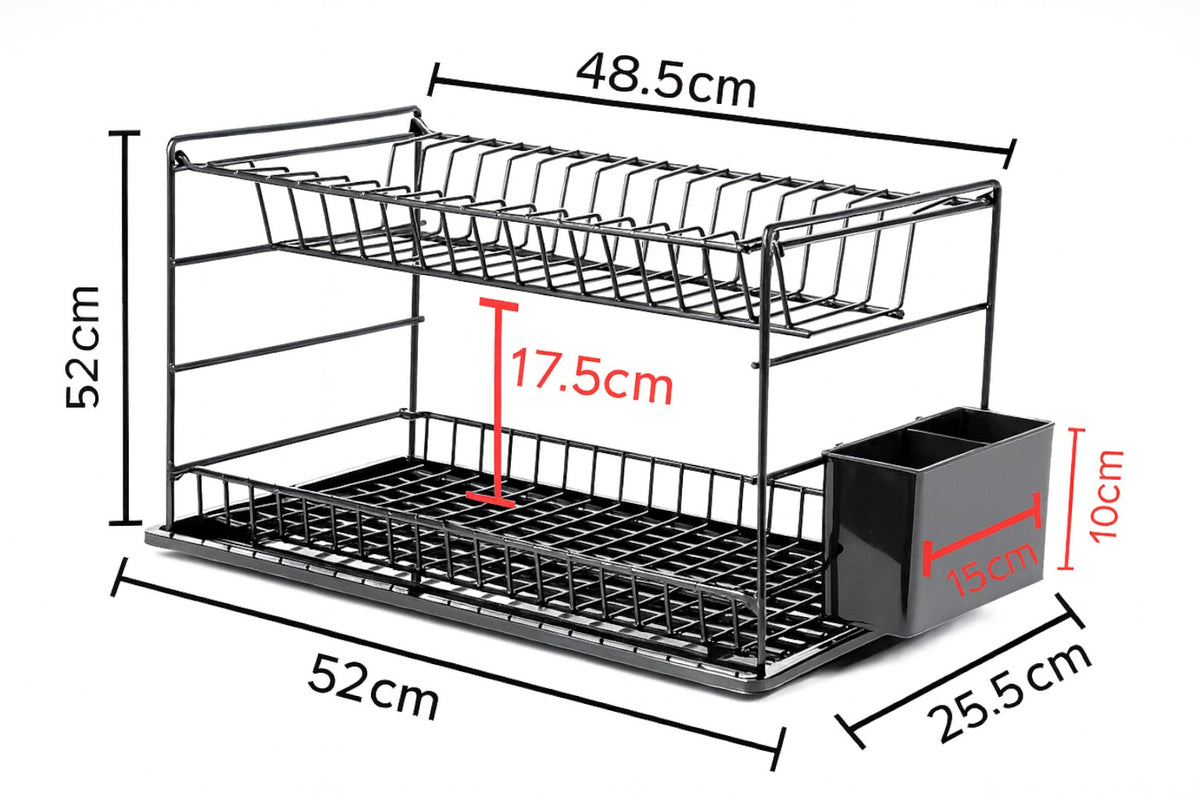 Dimension diagram of the black two-tier dish rack and side cutlery holder