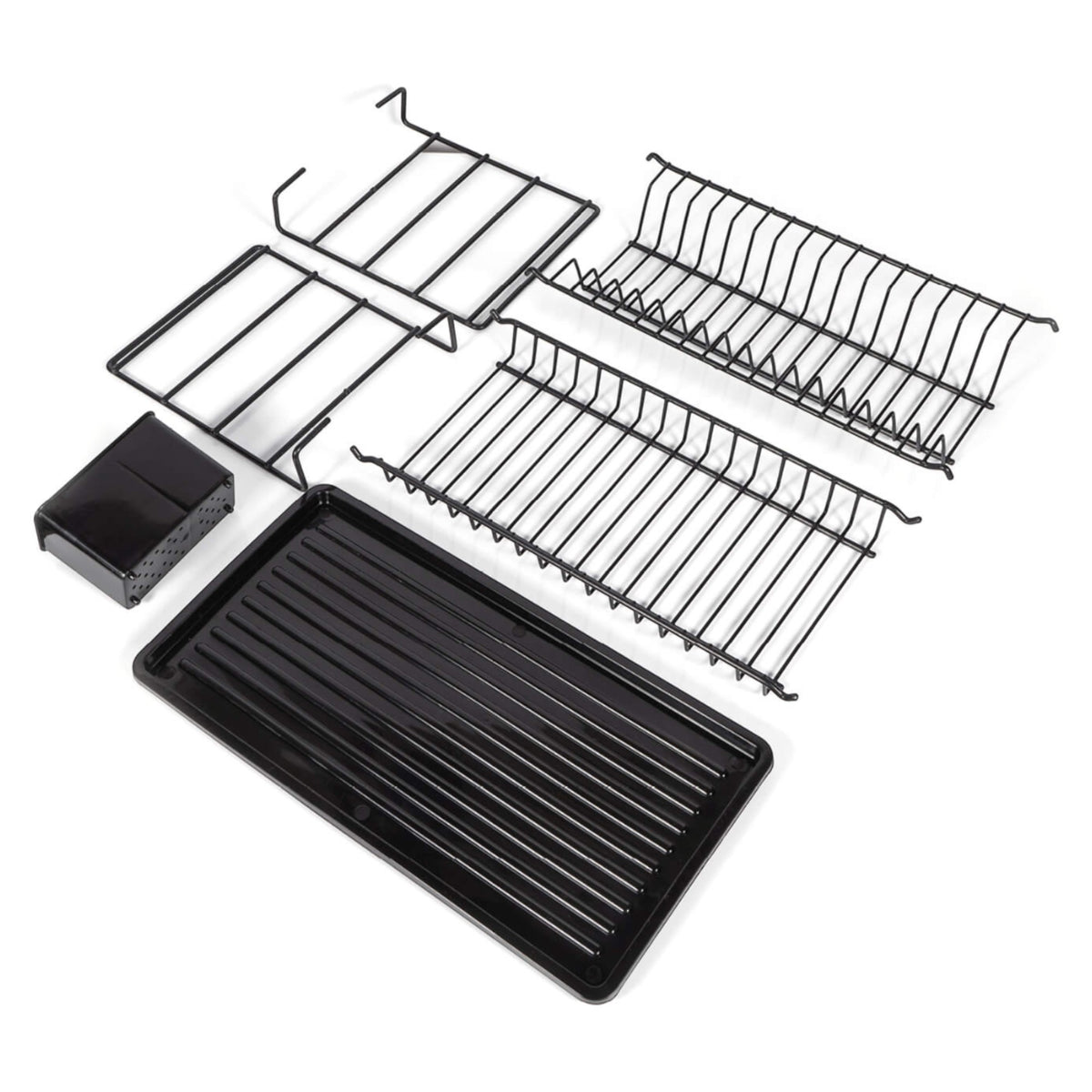 Black dish rack components laid out with the drip tray and cutlery holder