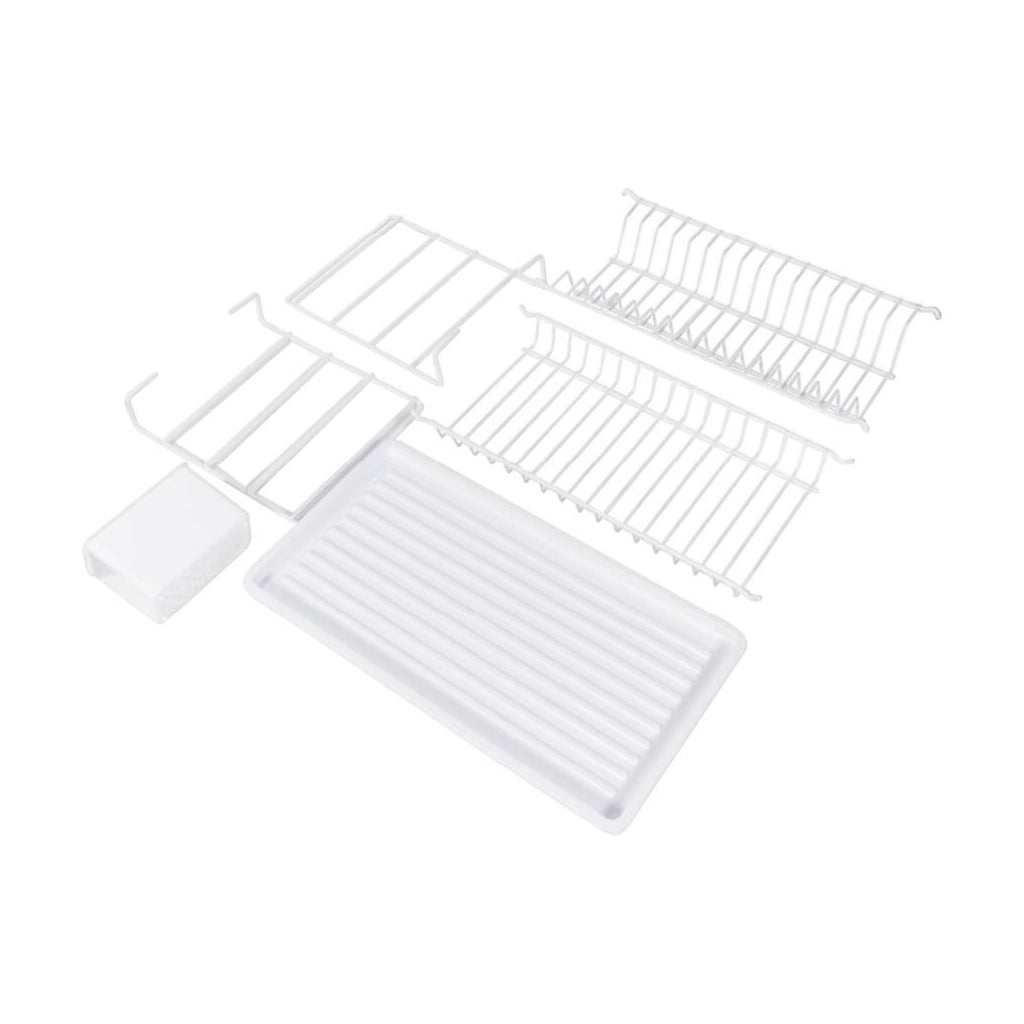 White dish rack components laid out with the drip tray and cutlery holder