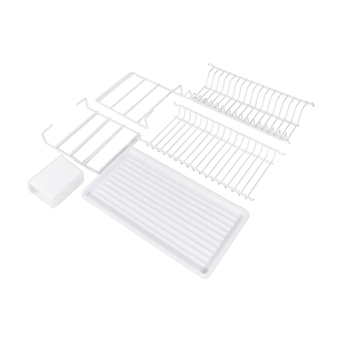 White dish rack components laid out with the drip tray and cutlery holder