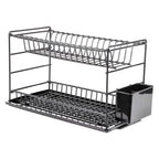 Empty black two-tier dish drainer with a drip tray and side cutlery holder
