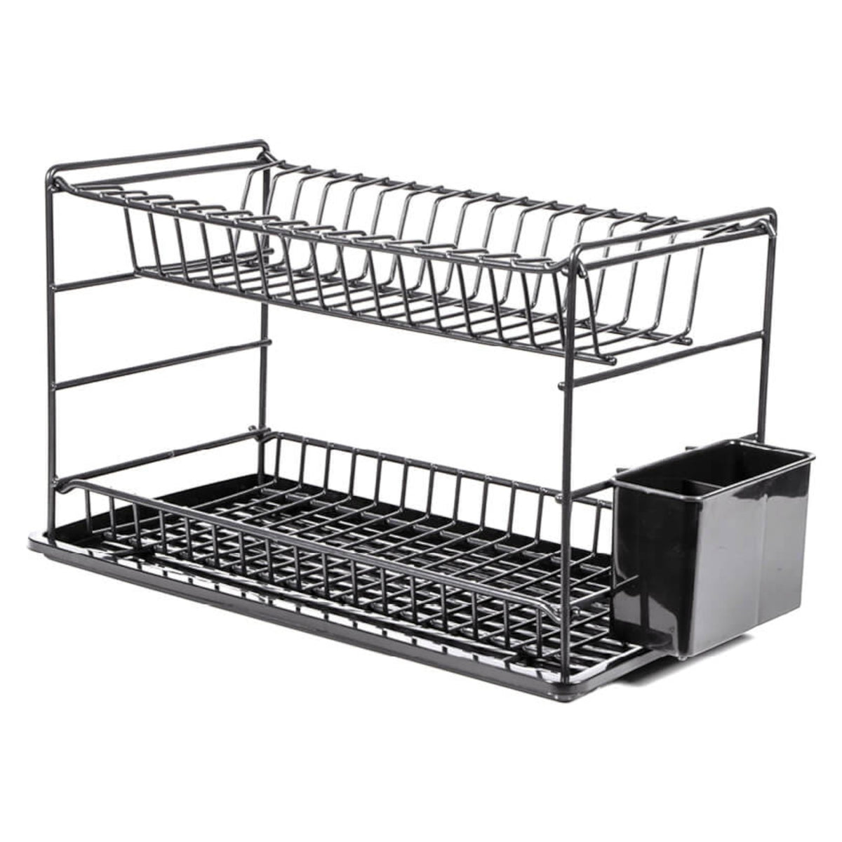 Empty black two-tier dish drainer with a drip tray and side cutlery holder