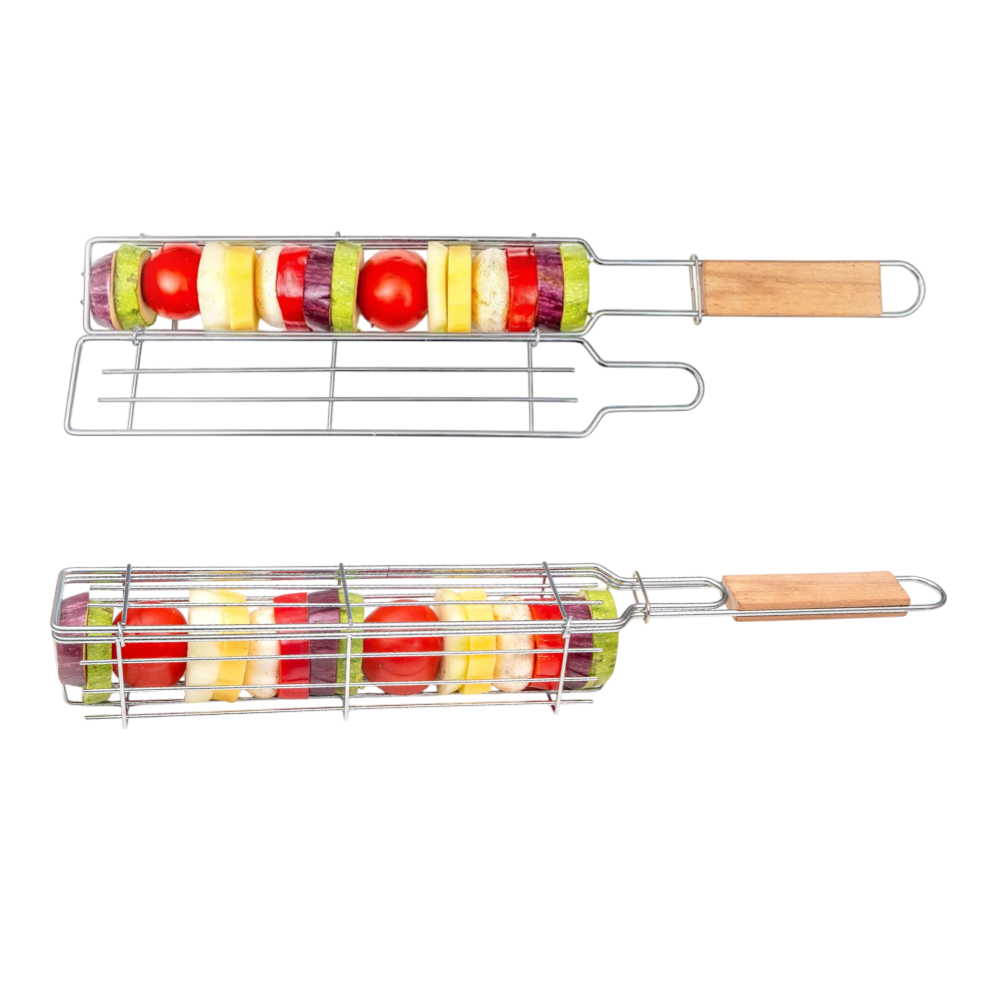 Set of 2 BBQ Vegetable Grill Baskets – Long Stainless Steel Side-Opening Design