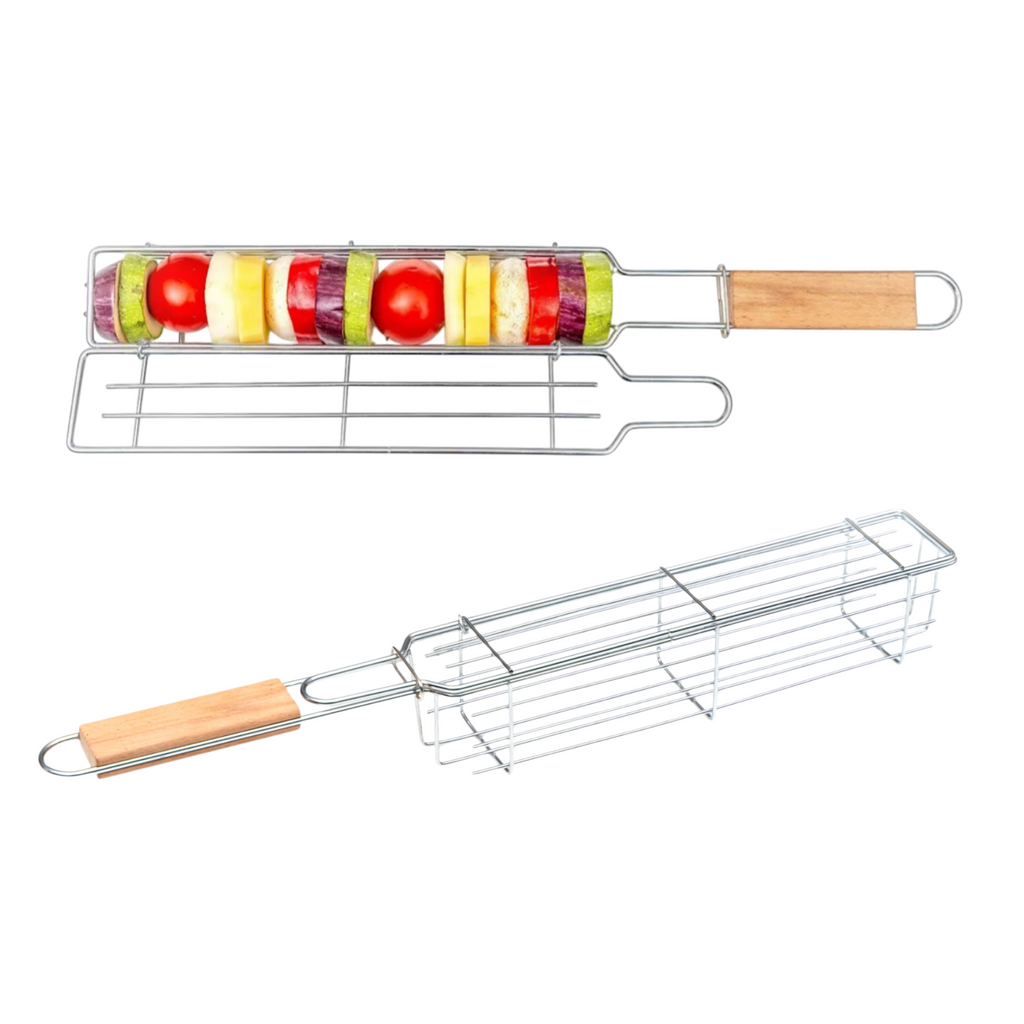 Set of 2 BBQ Vegetable Grill Baskets – Long Stainless Steel Side-Opening Design