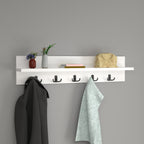 Wall Mounted Coat Rack with Shelf- White. 80cm Wooden Hanger. 5 Double Hooks.